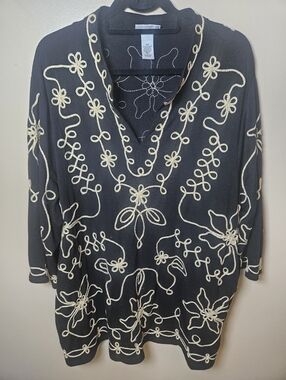 Maggie Barnes Catherines  Black Gold Ribbon Embroidered Floral Tunic Blouse 3X